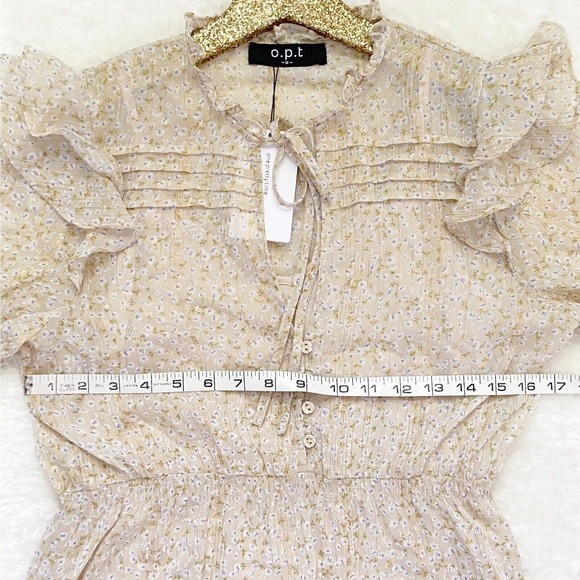 O.P.T Dress Floral Tiered Midi Neutral Chiffon Beige Gold Prairie Dress - Picture 4 of 12